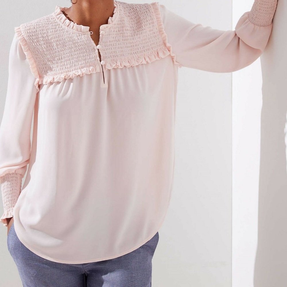 Ann Taylor LOFT Pink Smocked Ruffle Blouse